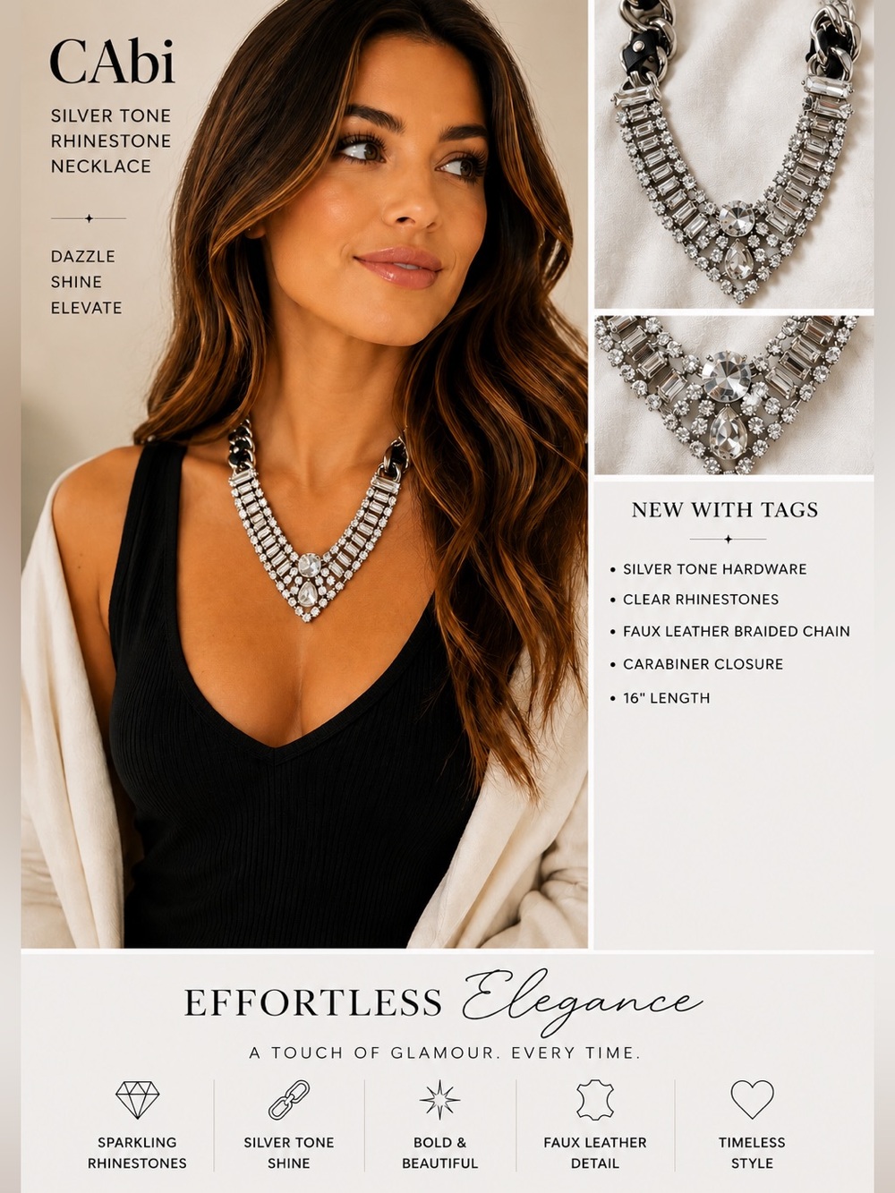 Cabi NWT Silver Tone Crystal Rhinestone Necklace Faux Leather Chain detail